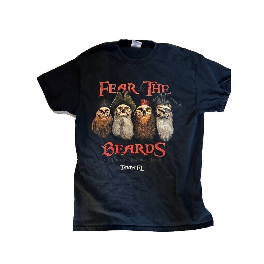 FEAR THE BEARDS Pirates Size Medium Tee Shirt Tampa, FL Skulls Peg Leg Jack